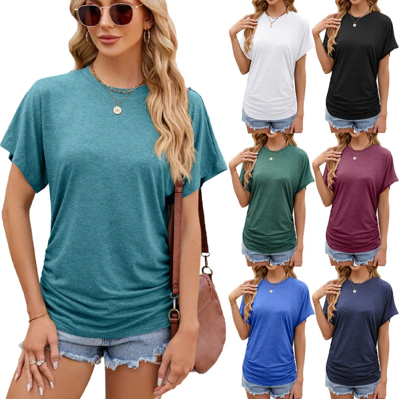 

2025Popular2025Popular European and American New Spring/Summer New round Neck Pleating Solid Color Short Sleeve LooseTShirt Top