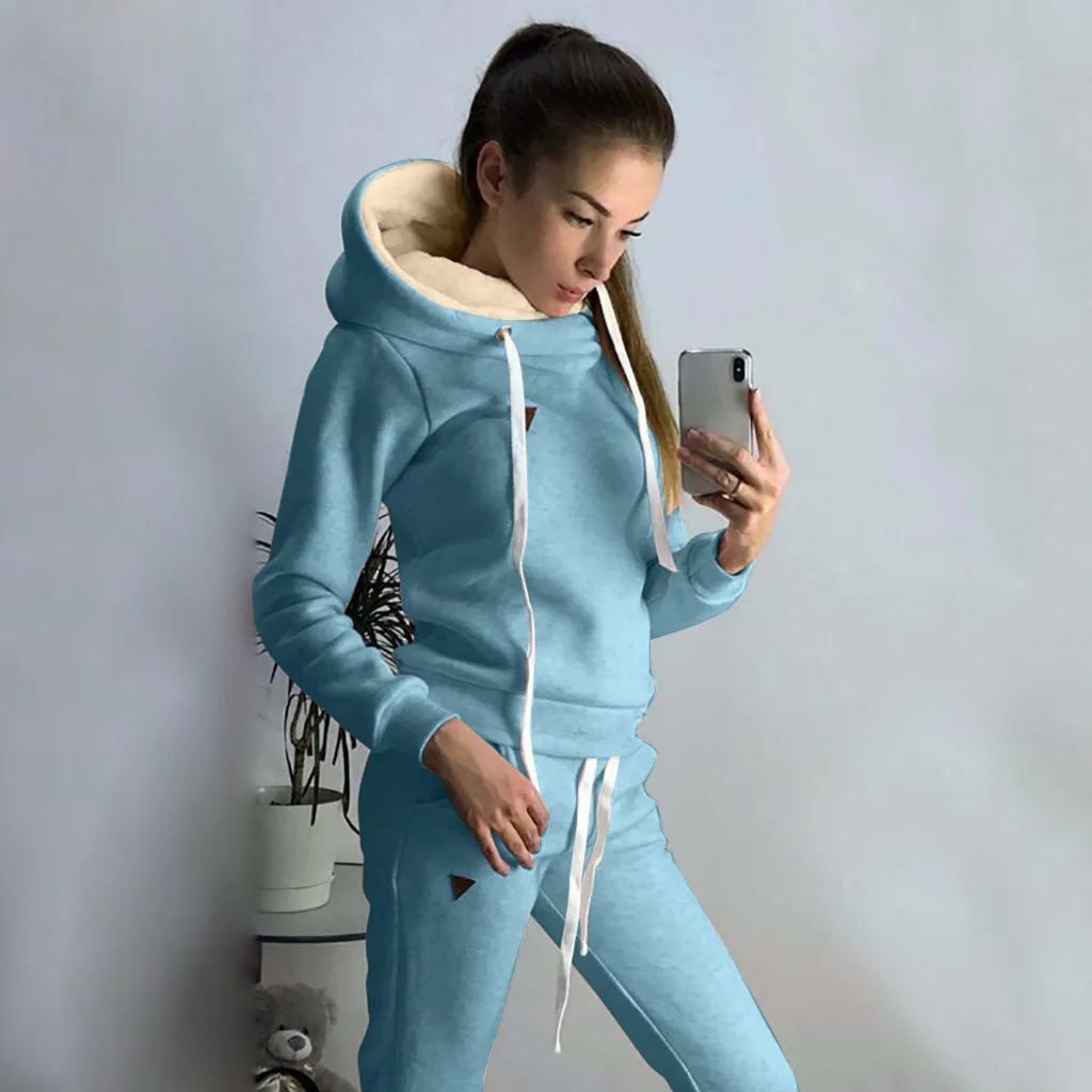 Plus Size Warm Fleece Lining Trouser Suits y2k Solid Color Sport Casual Women 2 Piece Set Turtleneck Hoodie+Drawstring Pant Sets