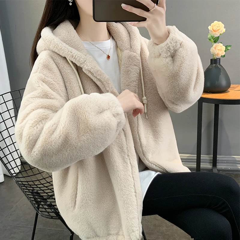 

2023 Winter Imitation Lazy Rabbit Fur Jacket Women's Mid-Length Loose Thickened Lamb Hair Fur Coat Korean Hooded Warm Plush Coat