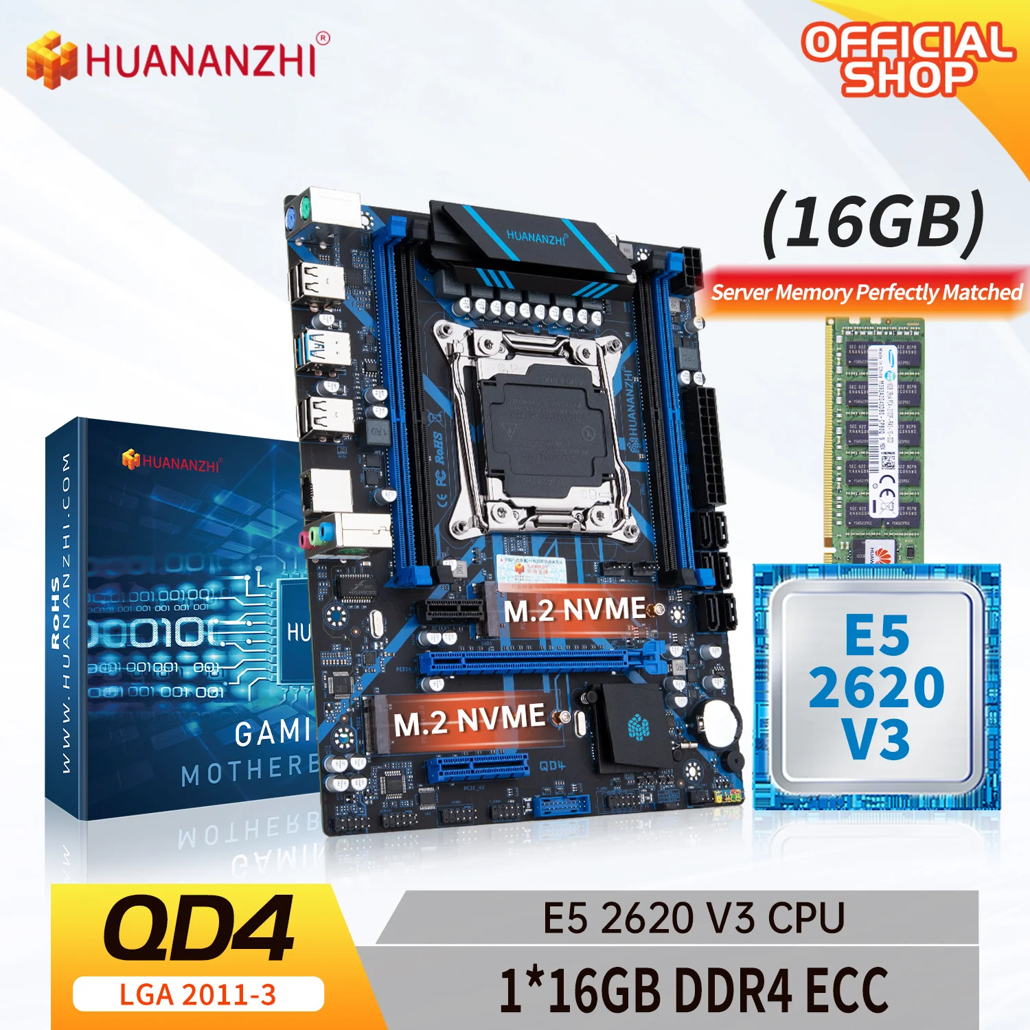 HUANANZHI X99 QD4 LGA 2011-3 XEON X99 마더보드, 인텔 E5 2620 v3, 1*16G DDR4 ECC 메모리 콤보 키트 세트, NVME SATA 