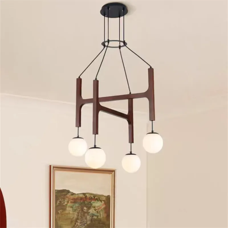 ASTRA Wood Pendant Light Retro Multi Head glass chandelier for Living Room Kitchen Bedroom Italian Porada Linear Hanging Lamp