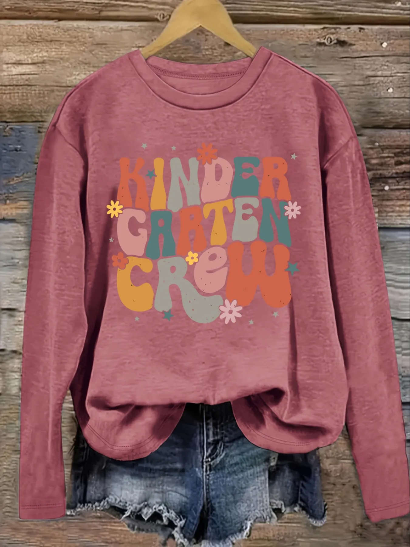 Women's Casual Long Sleeve Crew Neck T-Shirt Kindergarten Crew Floral Print Design, Round Neck Women's Clothing, Machine Washable, Slightly Elastic, Loose Fit, Spring Autumn Winter Women's T-Shirt, Halloween Costume Outfit view 3