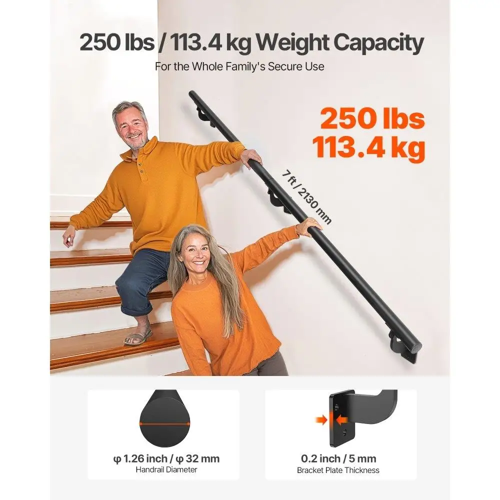 7ft Black Aluminum Stair Handrail Wall Mounted Railing for Indoor Outdoor Use Safe and Stylish Support