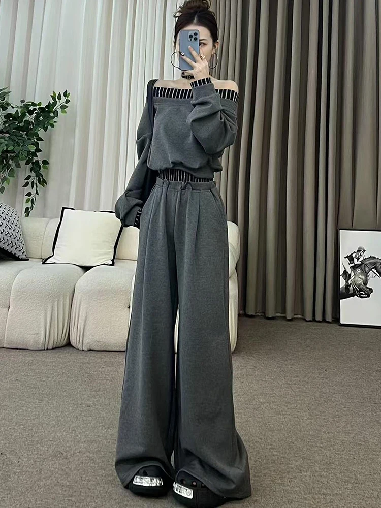 

Korean Style Fashionable Set Women's Spring 2026 Sexy One Shoulder Long Sleeve Top Wide Leg Pants Two Piece Set Casual Sports...