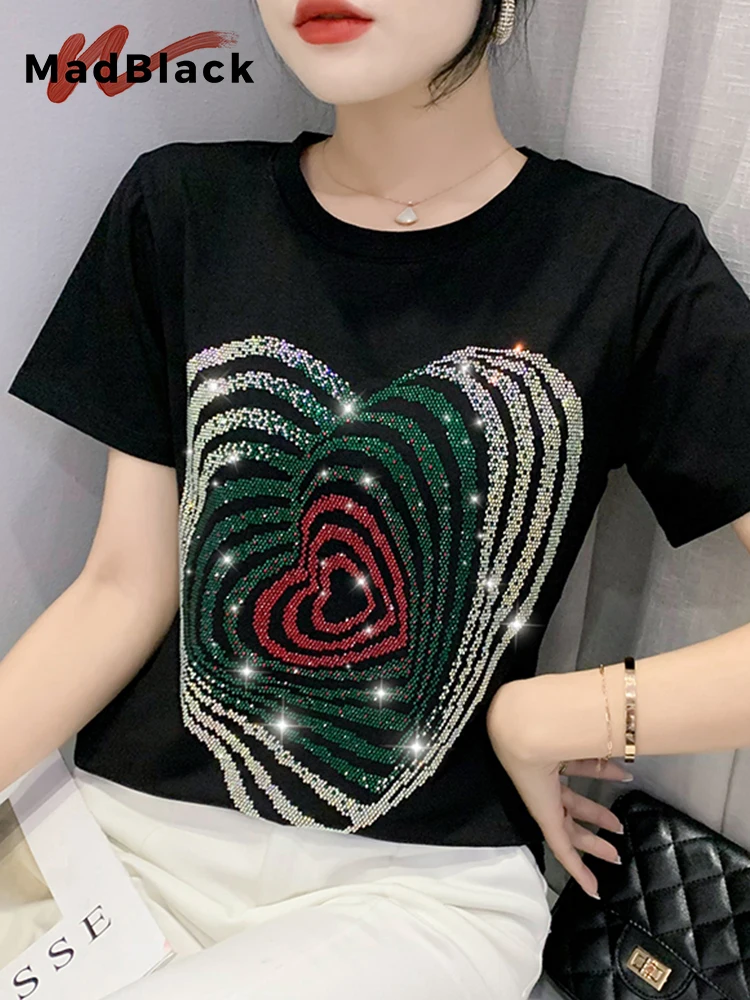 

MadBlack Summer T-Shirt Chic Sexy O-Neck Shiny Hot Drill Heart Women Tops Short Sleeve Hand Make Tees T32109X