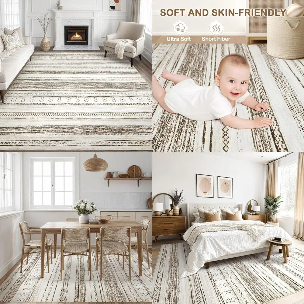 Grand tapis lavable neutre de style bohème marocain pour le salon - Tapis de sol doux 9x12