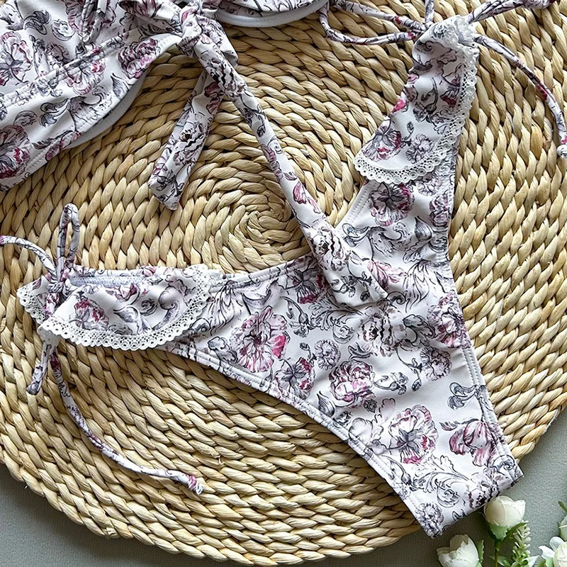 ヴィンテージプリントマイクロビキニ水着 レディース スプライスレースエッジ Gストリングビキニセット 2025新作 ビーチバケーション エレガント ツーピースセット