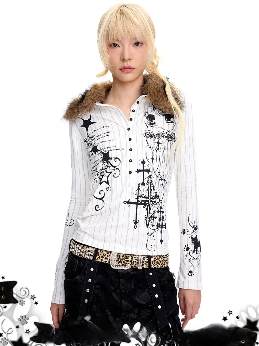 

CFIERCE Angel Girl fiti, рубашка с длинными рукавами и принтом, съемный меховой воротник, хлопковая смесовая ткань, удобный крой, повседневная одежда