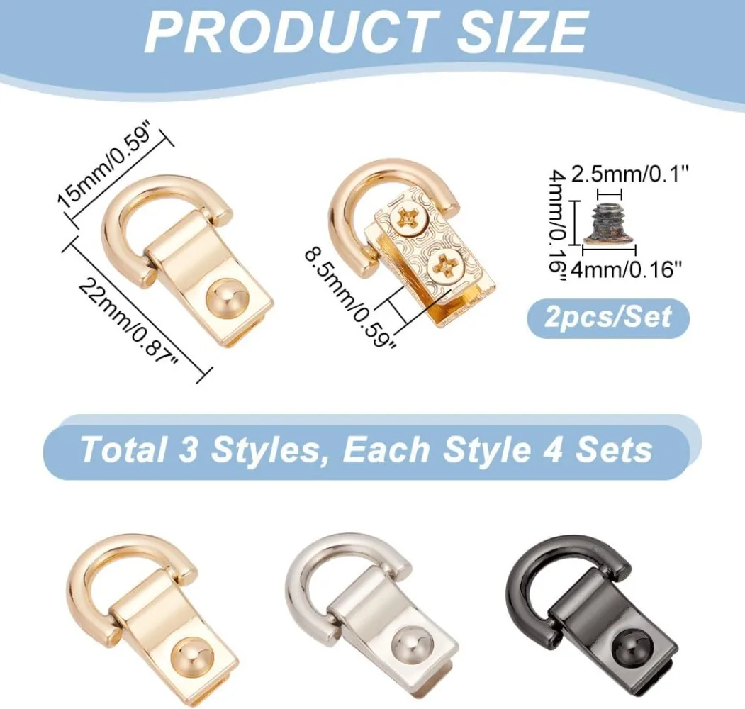 12pcs Purse Side Clip Buckles, 3 Colors Handbag Suspension Clasps Shoulder Bag Chain Strap Connector with D-ring Alloy Die