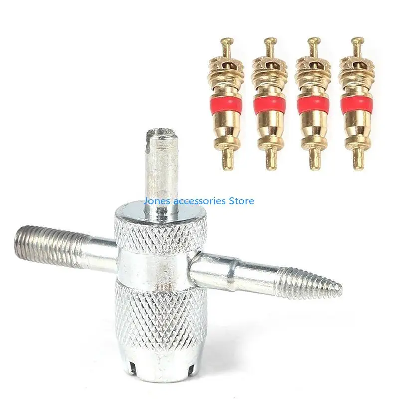 W8KD Car Bike 4 Way Tyre for Valve Repair Standard Tire Remover Tool + 4 Stem Cores K - Image 3