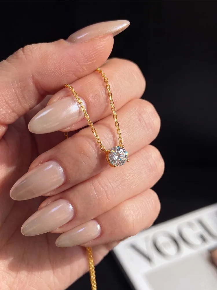 Klassische, elegante, schlichte 1C-3CT runde Moissanit-Diamant-Halskette für Damen, Geschenk, echter Jubiläums- und Hochzeits-Luxusschmuck – Detail 1