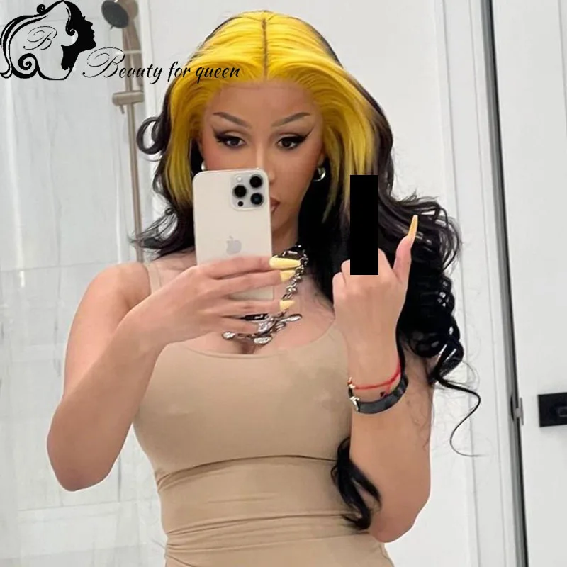

Cosplay Ombre Yellow Black Body Wave Brazilian Colored Human Hair Wig For Women Transparent 13x4 Lace Frontal Wigs Wear And Go