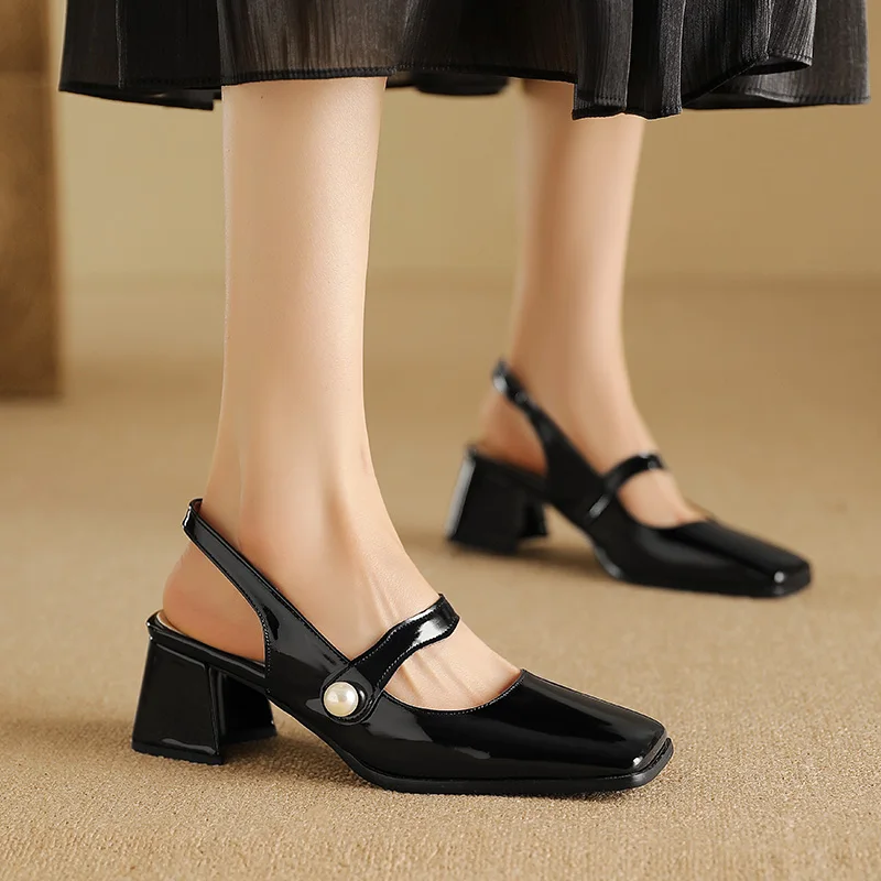 New Arrival Fashion Women Pumps Slingback Sandals Square Toe Patent Leather Block High Heeled Mary Jane Shoes Ladies Gold Silver