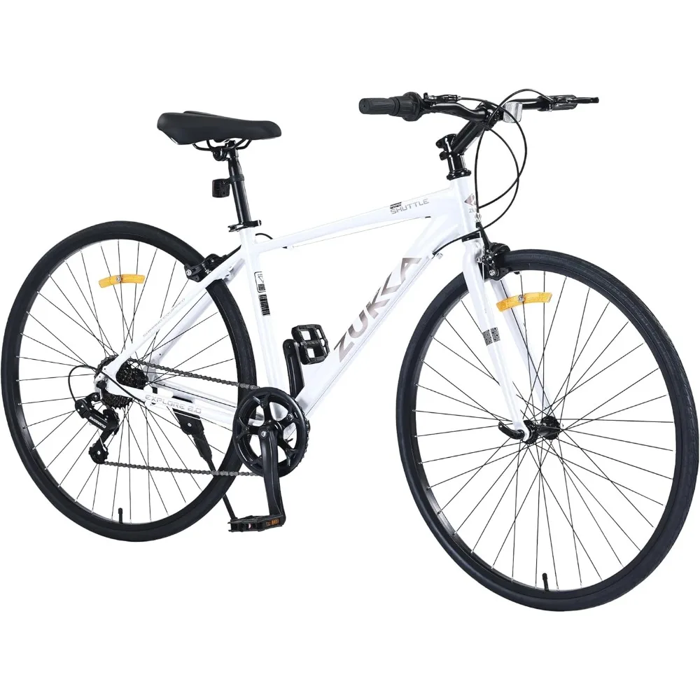 

700C Road Bike with Flat Handlebar 28 Inch Hybrid Bicycle 7 Speeds Aluminium Alloy Frame and Fork with C Brake,