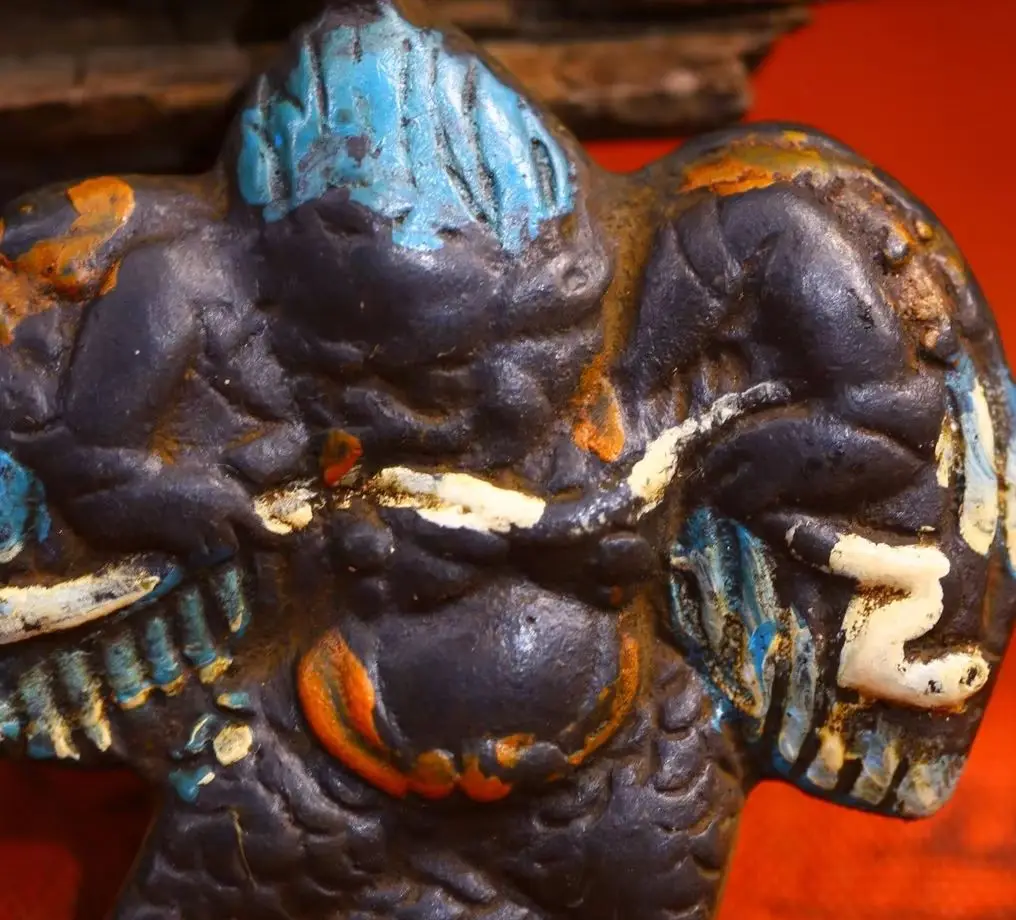 

2"Xizang Folk Collection Old Bronze Cinnabar Painted GARUDA Garuda Dhwaja Buddha Card Pendant Amulet Town House Exorcism