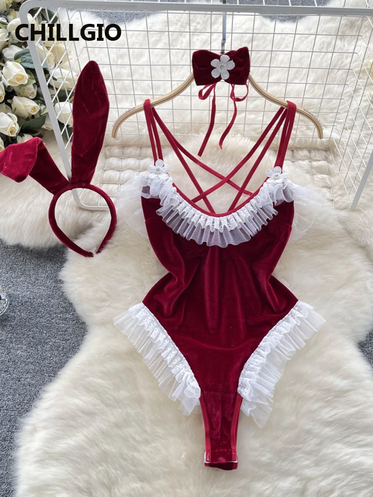 CHILLGIO Women Velour Strappy Bodysuits Fashion Erotic Suits Bodycon Backless Combination Catsuits Sexy Lace Patchwork Rompers