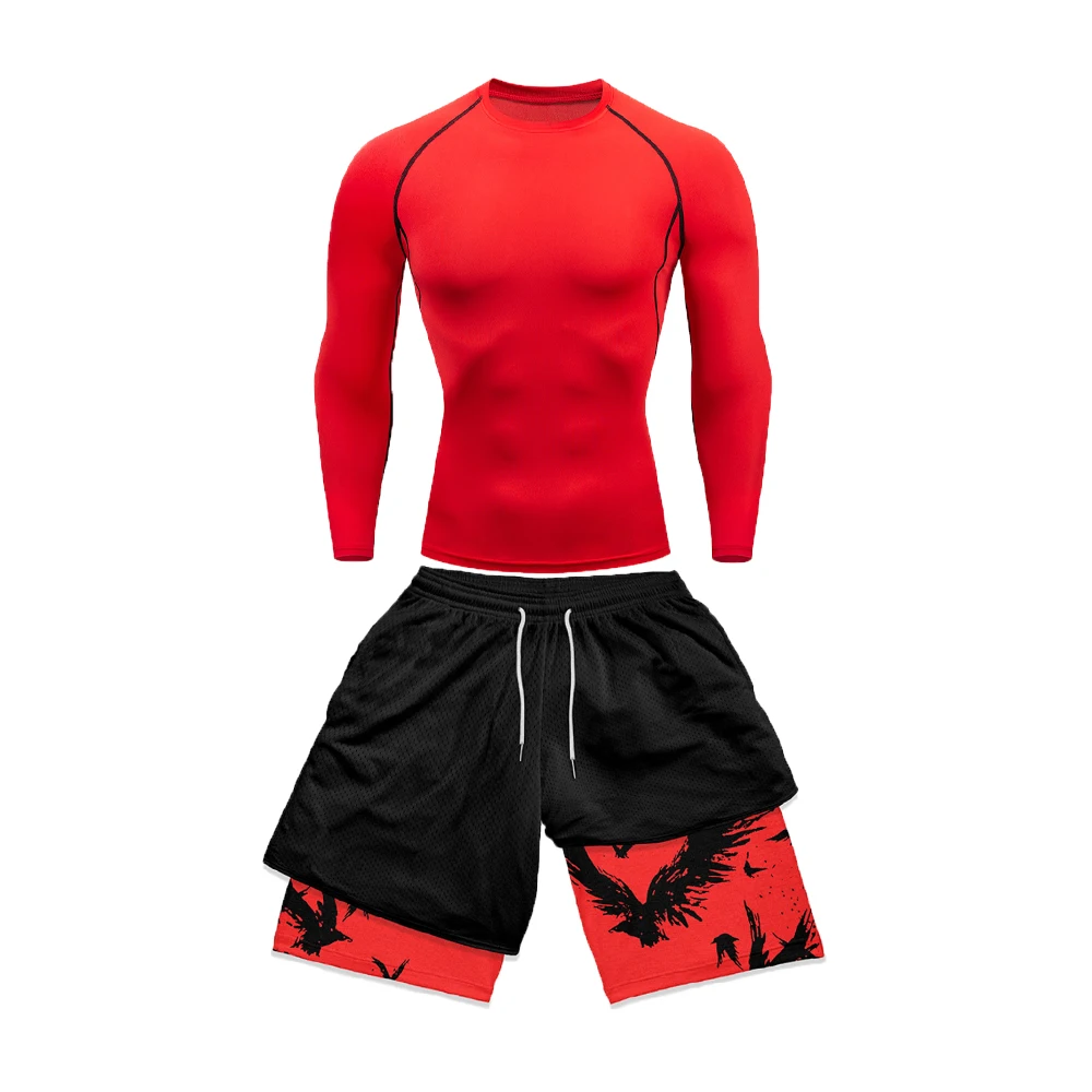 

Men's Tight Long Sleeve Suit Compression Long Sleeve Anime Double Layer Shorts Casual Sports Summer