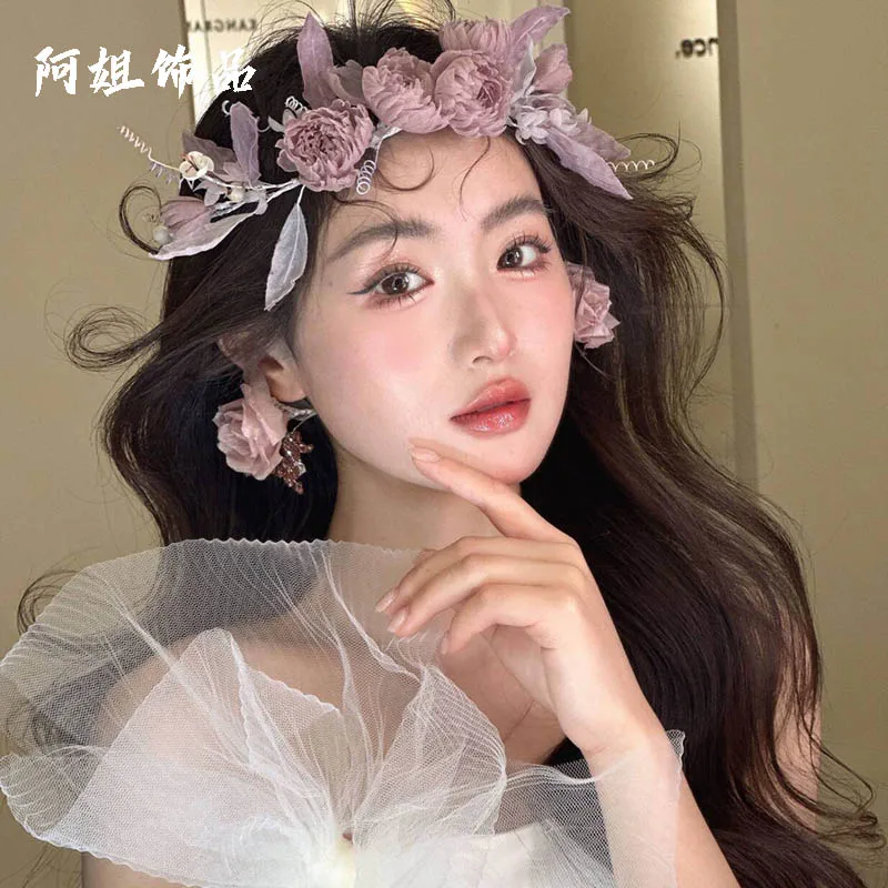 Bride's Wedding Wreath Headwear Purple Flower Bud Ear Clip Earrings Studio Wedding Dress Photography Accessories Garland