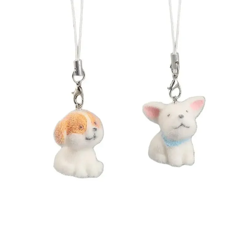 2Pcs Flocking Resin Dog Keychains Bag Pendant Cartoon Animal Mobile Phone Lanyard Accessories Hanging Decoration