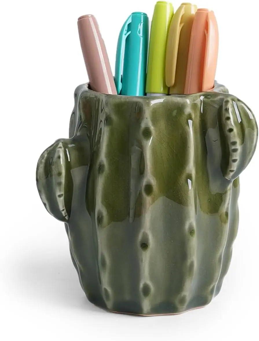

Керамическая подставка для ручек в виде кактуса, милый держатель для карандашей в виде кактуса, подставка для кистей для макияжа для дома, аксессуары для офисного стола (зеленый кактус)