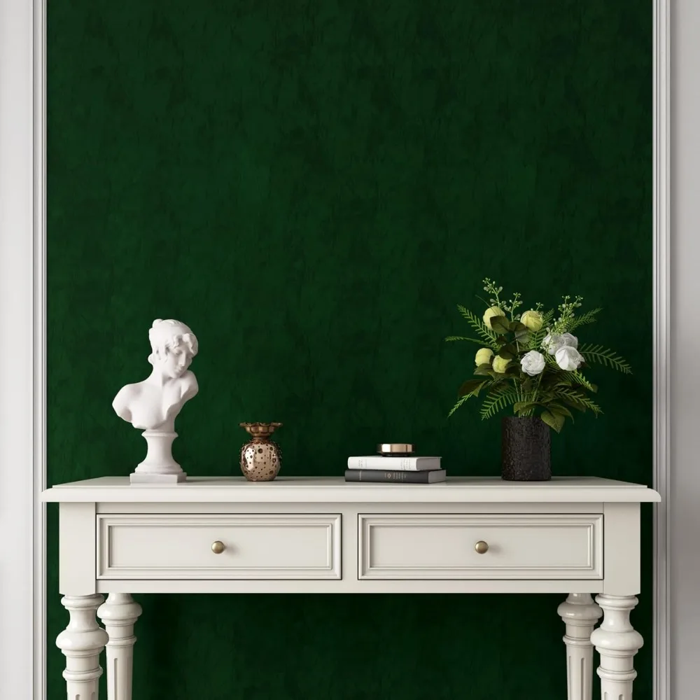 ورق جدران مخملي عتيق باللون الأخضر الداكن قابل للتقشير واللصق لغرفة النوم - طراز 30X393، غطاء حائط أخضر أنيق