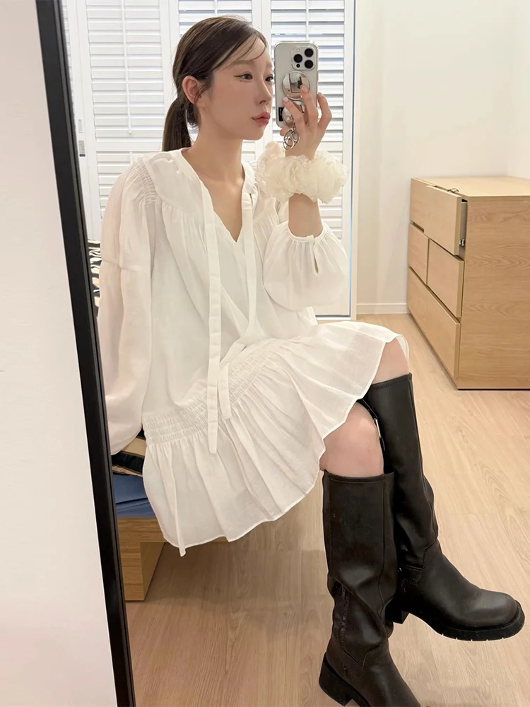 Liangliang Gentle Wind Sash Loose Shirt Style Dress Women Early Autumn New Elegance Lace Trim Short Skirt V-neck Long Sleeve