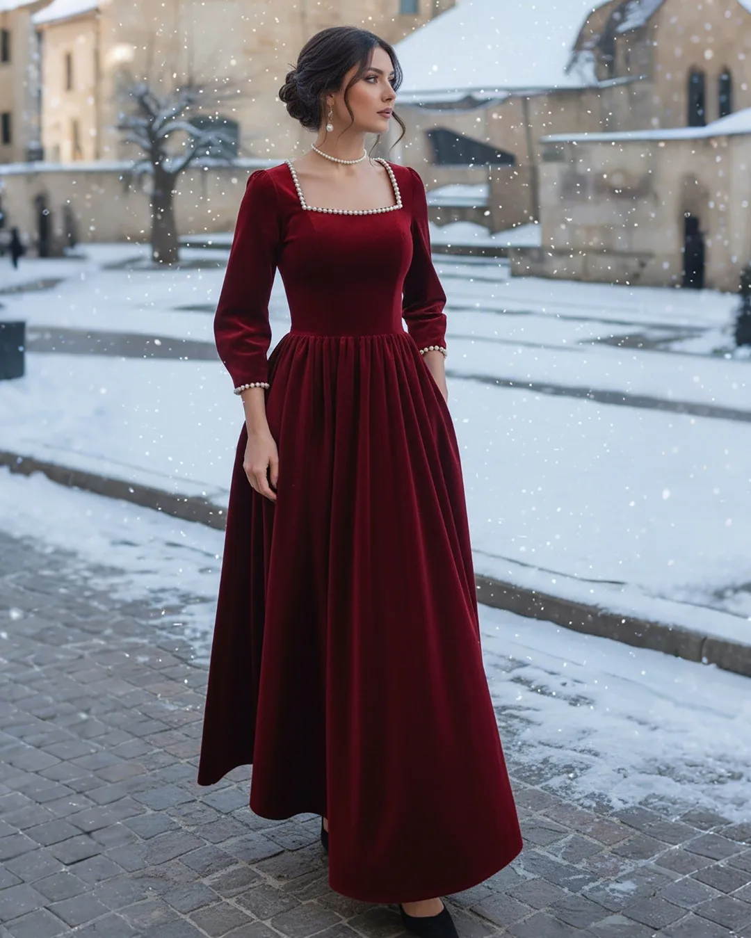 

Enchant Customized Elegant Velvet Prom Gown Women's Pearl Burgundy Party Evening Dress and Floor-length Formal Occasion Dresses