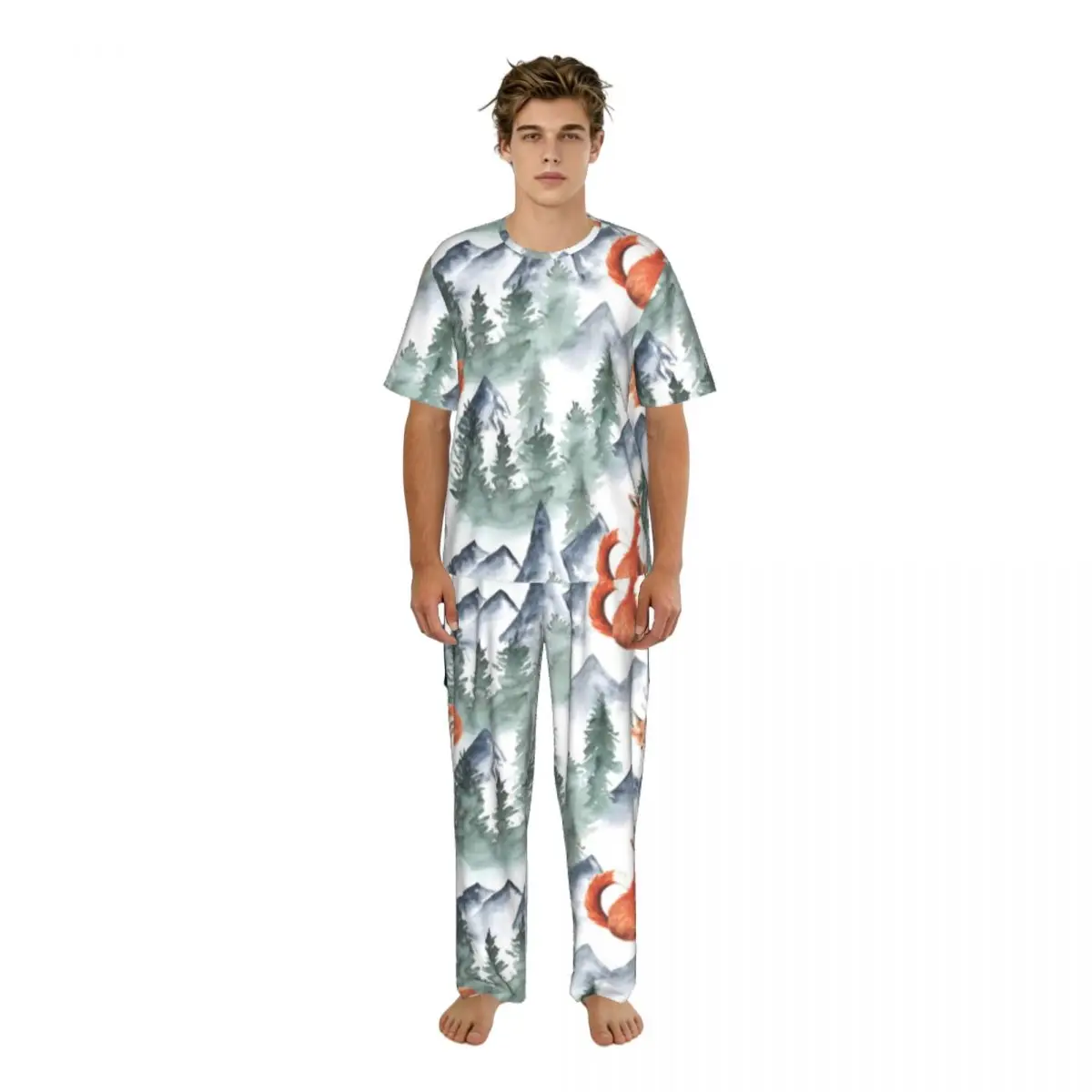 

Пижама для сна и дома, летняя/весенняя, с коротким рукавом и длинными брюками, с принтом «Лесные деревья, лисы и горы»