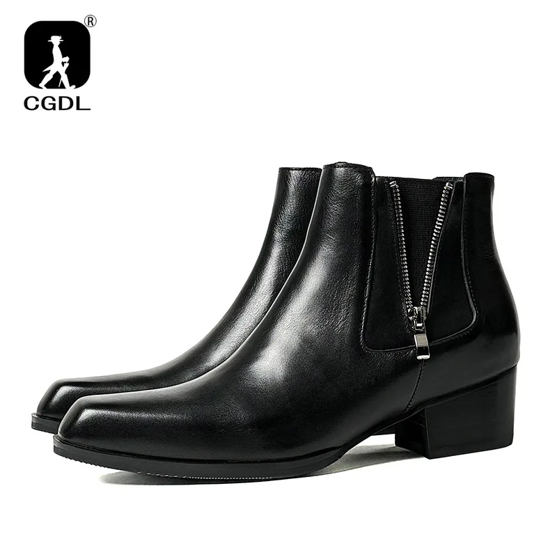 5 Cm High Heels Men\'s Ankle Boots Luxury Genuine Leather 2024 Winter Warm Black Wedding Party Social Boots Man Dress Shoes