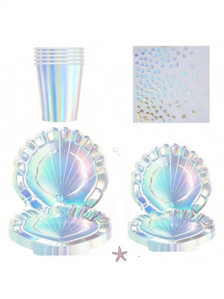 Vaisselle jetable en coquillage coloré pour fête de sirène, décor de fête d'été sur la plage sous la mer, petite sirène pour filles, fête d'anniversaire