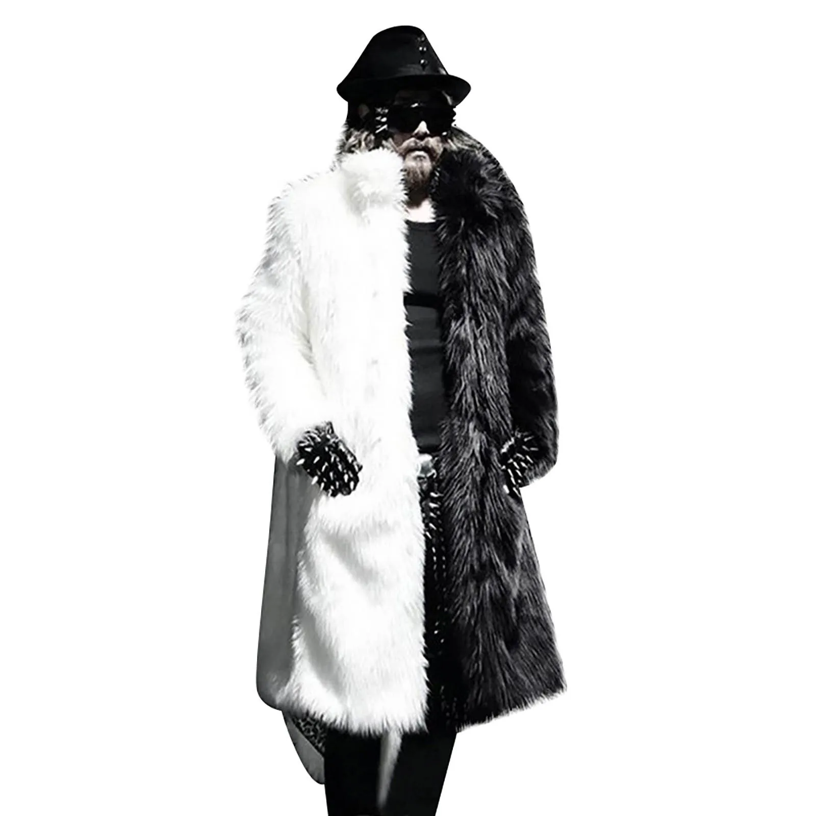 Men's Fashion Trend Personalized Imitation Fur Long Fur Coat Black and White Patchwork Fur Coats Men's Winter Warm Long Jacket