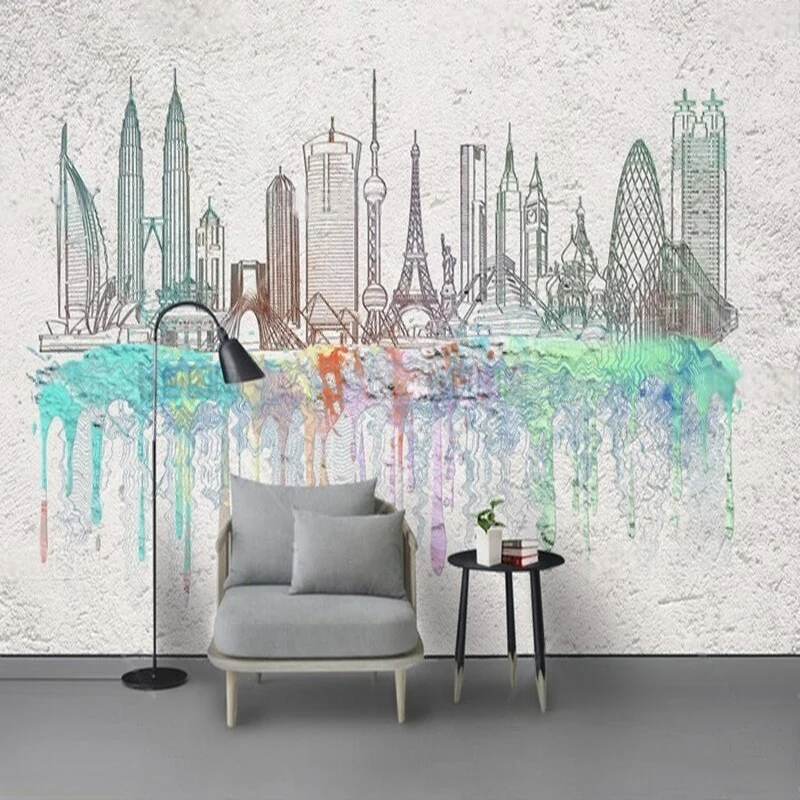 

Modern watercolor city silhouettes ink-wash decoration commercial wall customization luxury home bedroom background wall