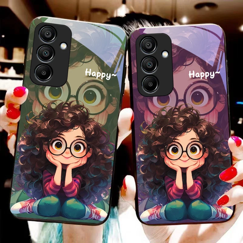 Curly haired girl For Samsung Galaxy A15 5G 54 4G 51 50 24 35 90 71 12 51 53 52S 80 22 34 Black tempered glass phone case