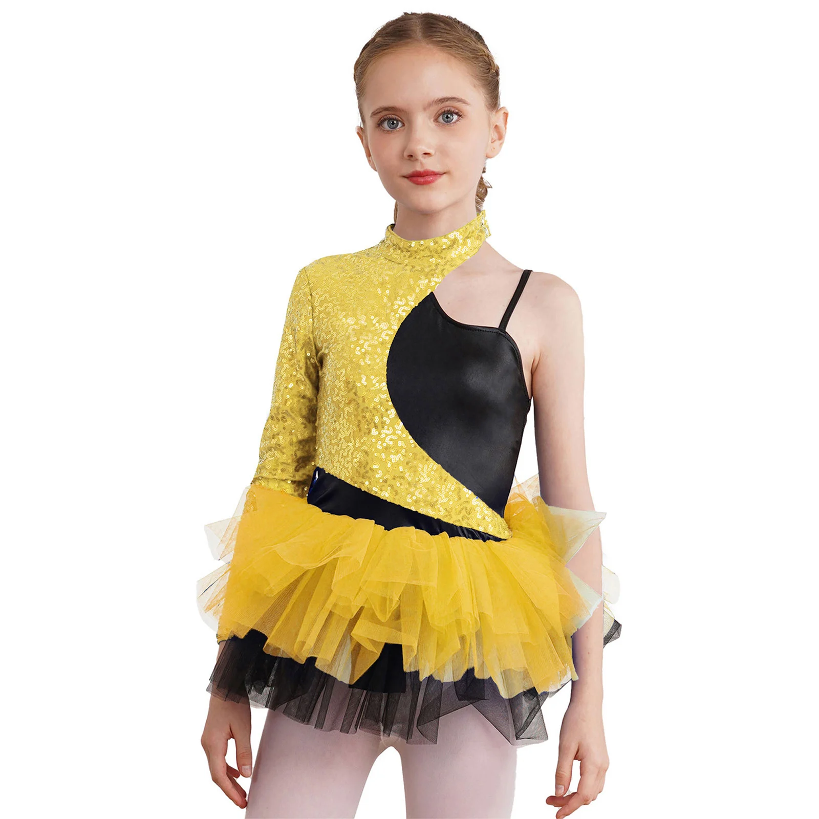 Kids Girls Shiny Sequins Jazz Dance Costumes Gymnastics Leotard Dress Cheerleading Uniform Tulle Skirt Children Stage Dancewear