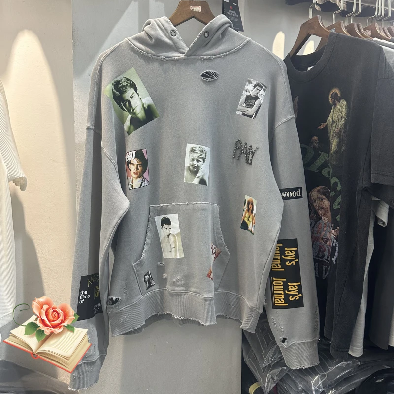 

Серый потертый дыр, поврежденный бисер, американский европейский портретный принт, толстовка с капюшоном для мужчин и женщин, зимняя осенняя одежда, свободные пуловеры для улицы