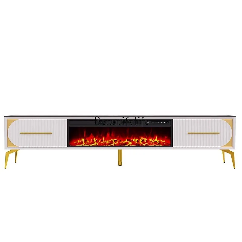 

Light luxury fireplace TV cabinet living room European simulation flame solid wood rock slab decorative fireplace rack heating