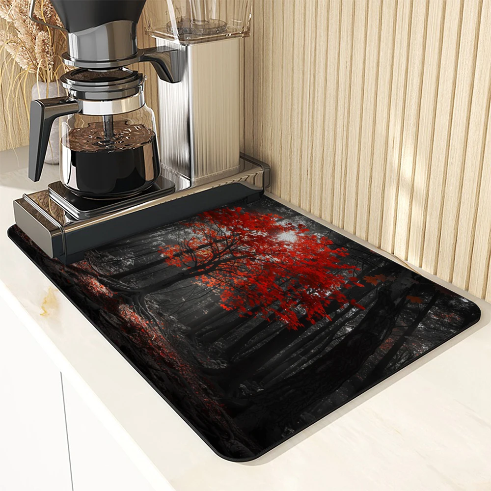 Coffee Tablewear Drain Pad Autumn Scenery Bathroom Square Absorbing Anti-slip Dry Mat  Placemat Dishes Cup Splash Proof Drainer