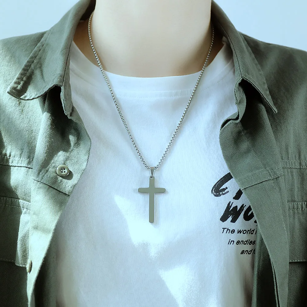 JHSL Male Men Christian Statement Necklace Simple Cross Pendants Silver Color Fashion Jewelry on the Neck Chain Stainless Steel