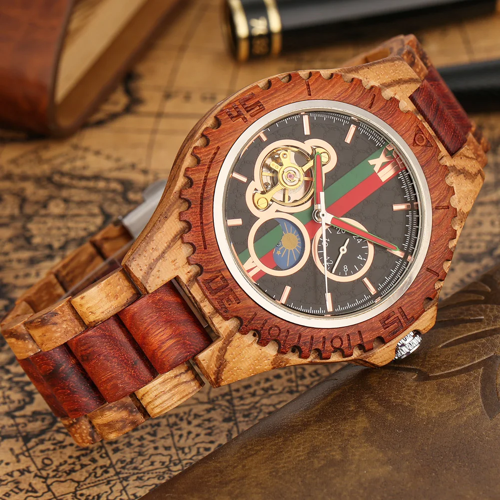 Full Wooden Men\'s Automatic Mechanical Watches Luxury Stylish Wood Bracelet Male Wristwatches Self Winding Timepiece Man Clock