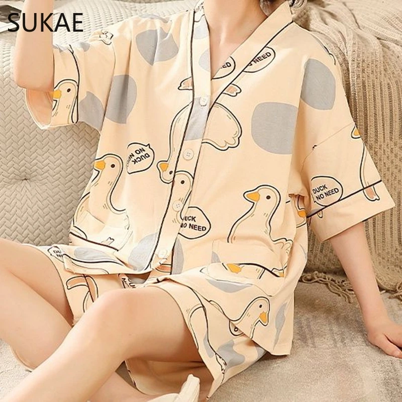 SUKAE M-5XL Summer Women Sleepwear Casual Cotton Woman's Pajama Set Kimono Style Cardigan Nightwear Leisure Girl Kawaii Clothes