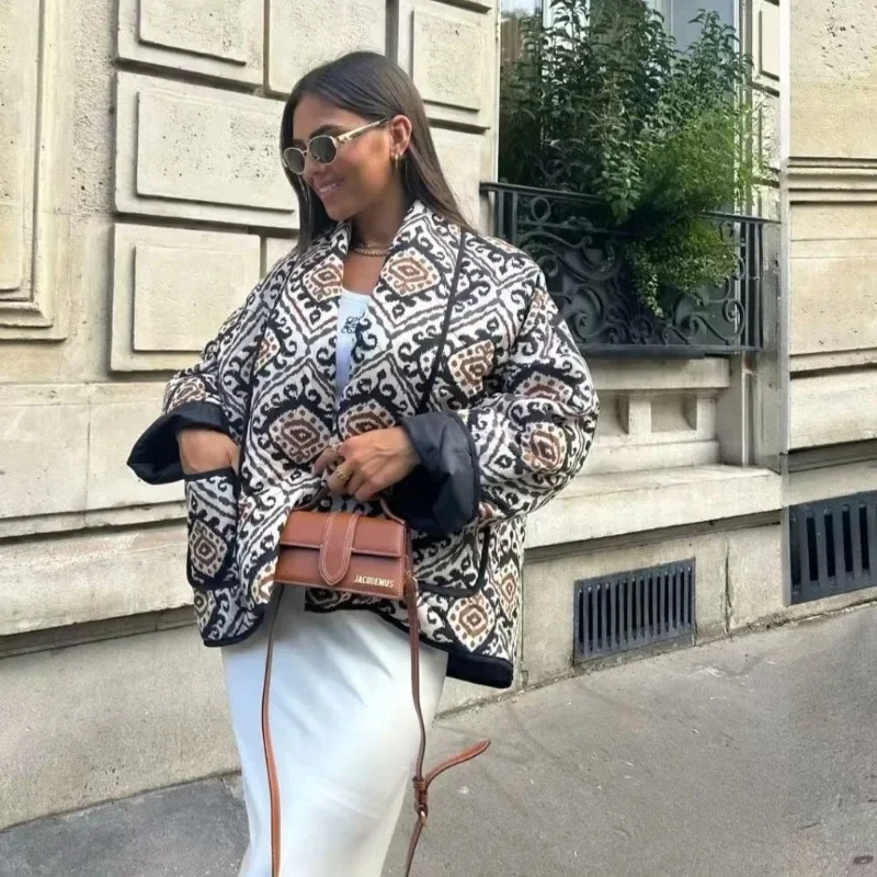 

Осень-зима 202, женское стеганое хлопковое пальто с принтом, куртка с длинными рукавами и лацканами, женская парка с цветными блоками, винтажная уличная верхняя одежда