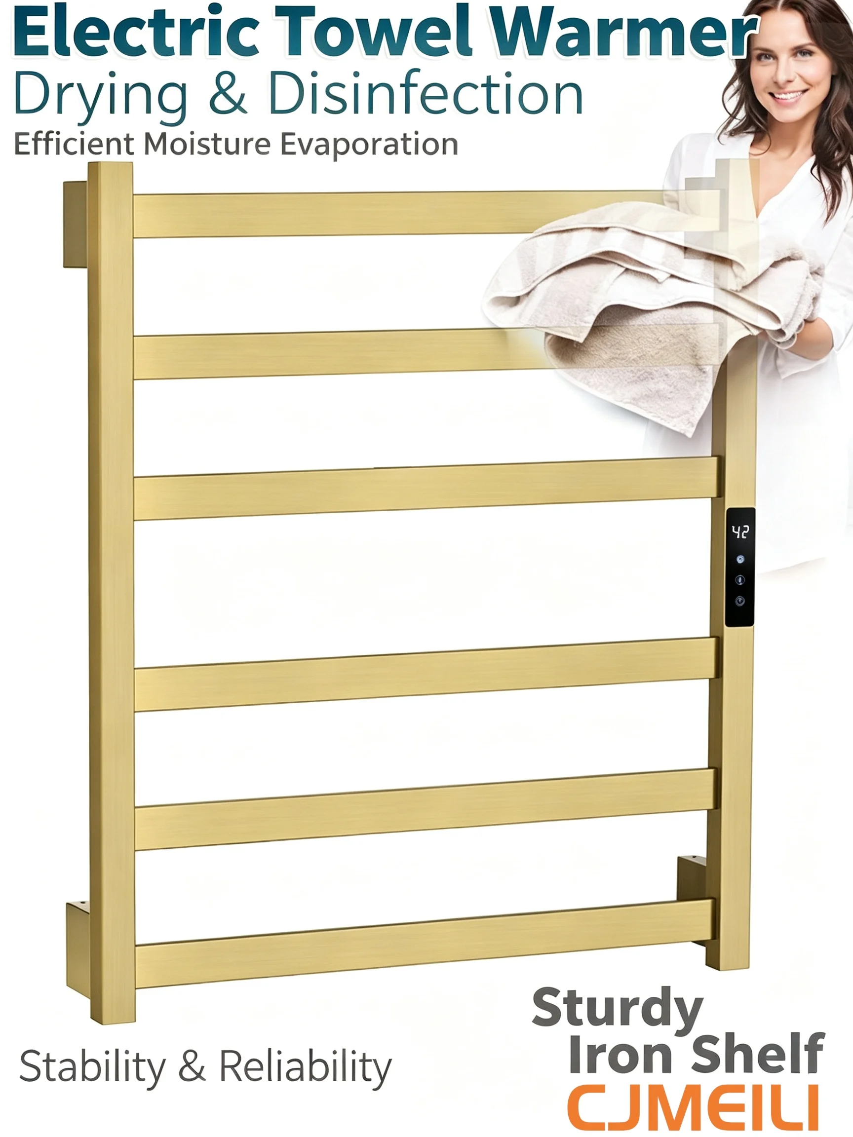 Brushed Gold Electric heated towel rack Heated towel warmer Towel radiator 6 Bars Bathroom Towel Dryer 50*58CM