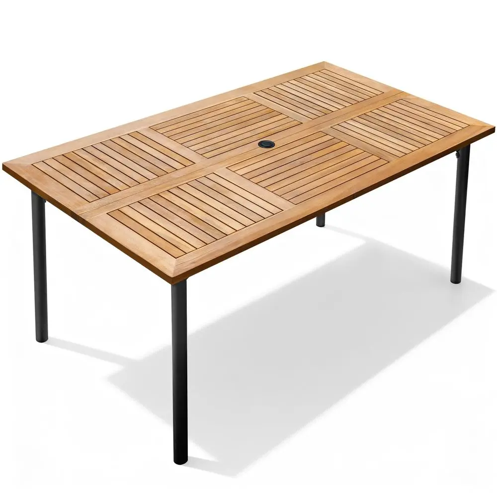 

Acacia Wood Patio Outdoor Dining Table for 6, Outdoor Table with Umbrella Hole and Metal Legs for Garden, 63L x 36 W x 30 H