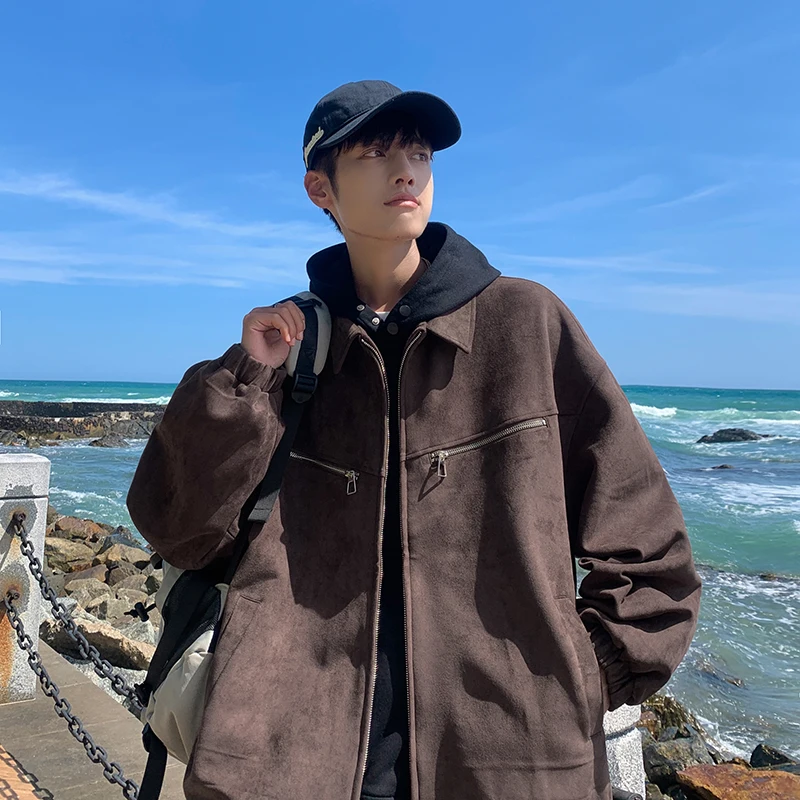 

Ретро-куртка из замши в американском стиле для мужчин, весна-осень, новая трендовая модель, премиум-класс, с воротником, для подростков, свободный крой, на молнии