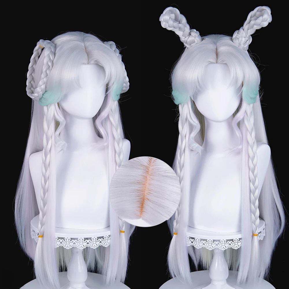 

Silver White Ombre Cyan Yellow Highlights Synthetic Long Straight Wigs Middle Part Anime Game Cosplay Braided Clip Wig for Party
