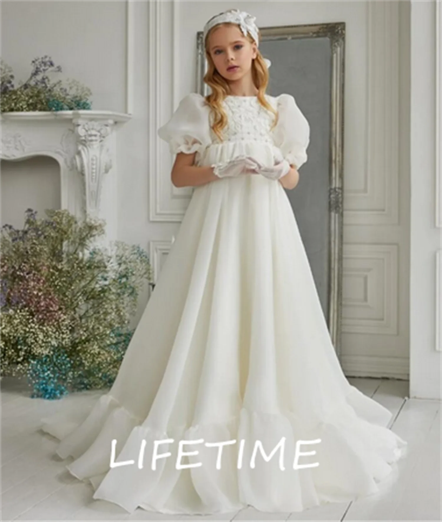 Robe à fleurs ivoire en tulle pour petite fille, tenue de soirée, à manches bouffantes, de princesse, avec nœud, pour première communion