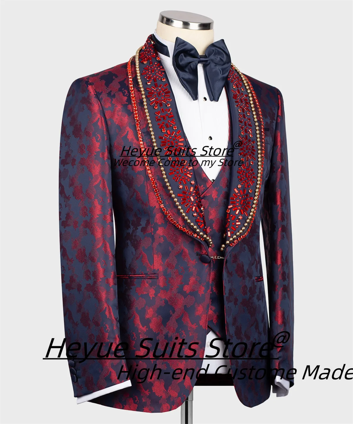 High-qublity Jacquard Men Suits Customized Slim Fit Shawl Lapel Groom Wedding Tuxedos 3 Pcs Sets Male Party Blazers Ropa Hombre