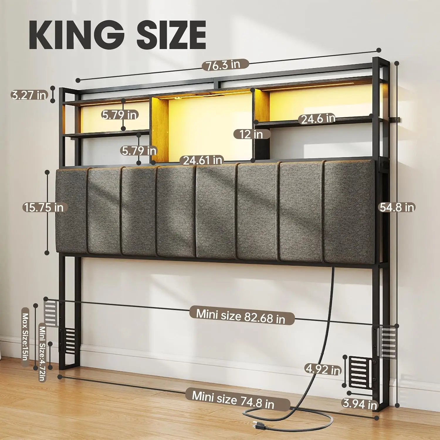 King Headboard with 3-Tier Shelves USB Type-C LED Light Linen Upholstered Soft Backrest King Size Bed 54.8
