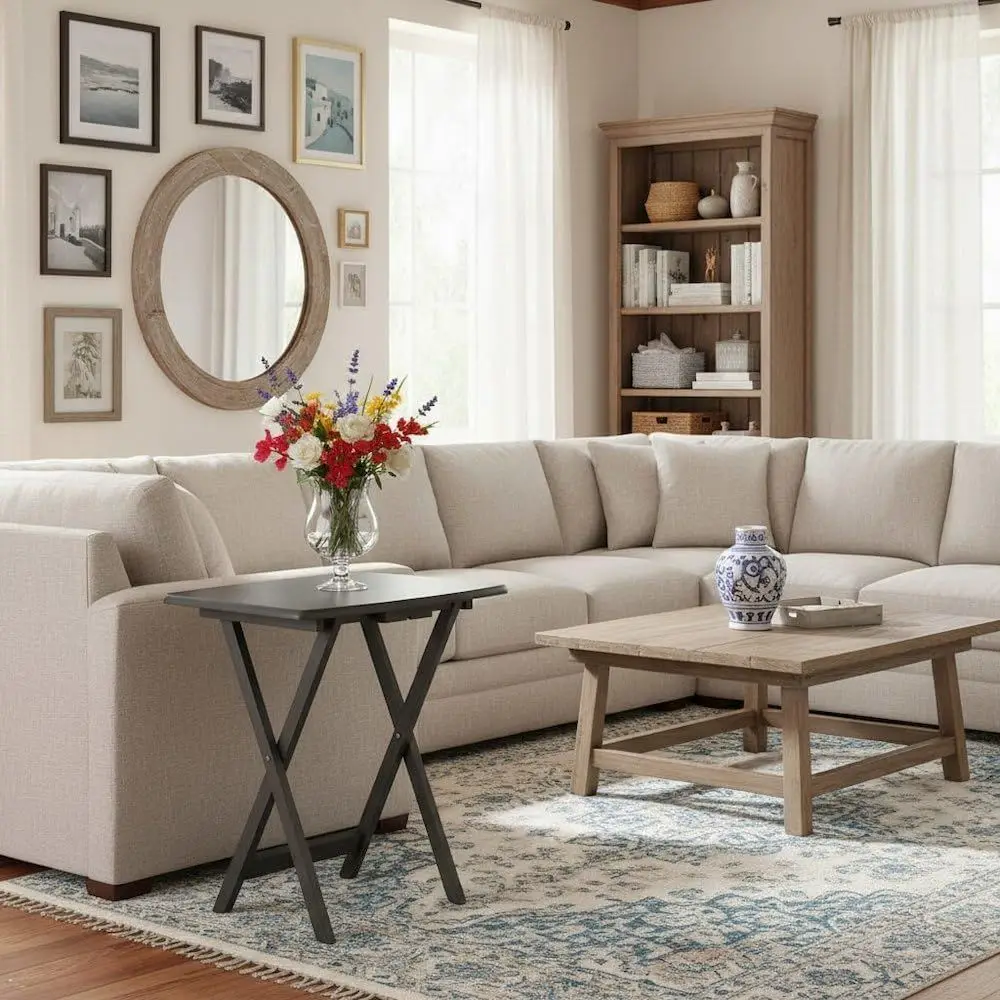 5-PC TV Tray Table Set with Storage Rack, Oversized Black Tops, Solid Wood e, Portable Small olding Table or Living Room
