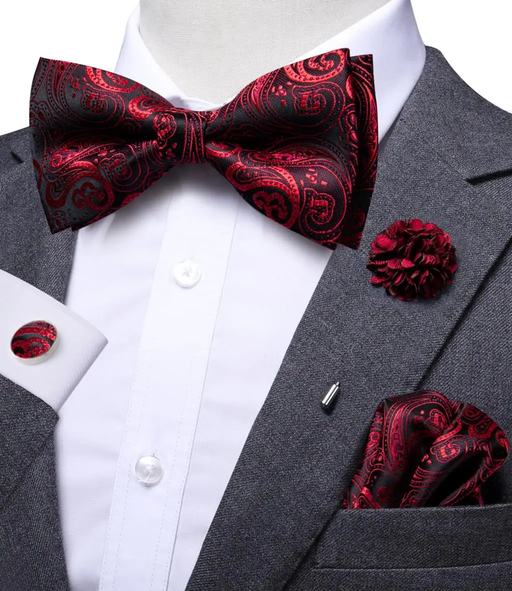 Hi-Tie Luxury Red Burgundy Silk Men\'s Bowtie Pocket Square Cufflinks Brooch Set Butterfly Knot Bow Tie for Men Wedding Groomsman